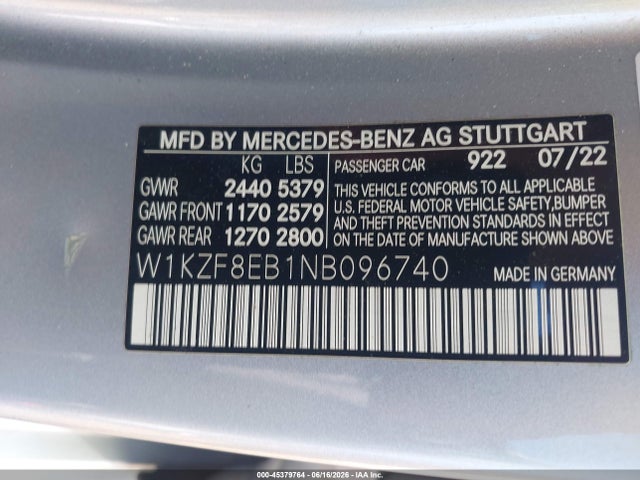 Aukcja sprzedaży 2022 Mercedes-benz E 350 4matic, vin: W1KZF8EB1NB096740, numer aukcji: 45379764