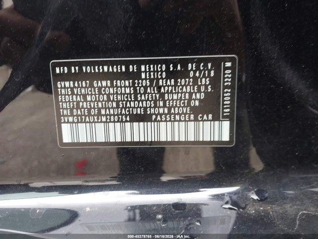 45379765 :رقم المزاد ، 3VWG17AUXJM280754 vin ، 2018 Volkswagen Golf Tsi S/tsi Se مزاد بيع