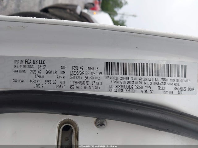 45379789 :رقم المزاد ، 3C63RRJL8JG159370 vin ، 2018 Ram 3500 Laramie  4x4 8' Box مزاد بيع