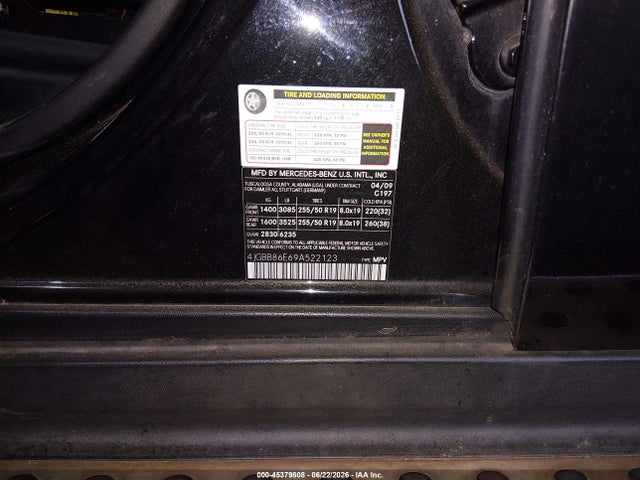 45379808 :رقم المزاد ، 4JGBB86E69A522123 vin ، 2009 Mercedes-benz Ml 350 4matic مزاد بيع