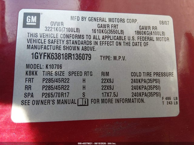 45379821 :رقم المزاد ، 1GYFK63818R136079 vin ، 2008 Cadillac Escalade Standard مزاد بيع