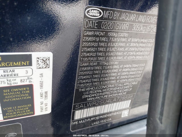 Продаж на аукціоні авто 2020 Land Rover Range Rover Sport Hse Mhev, vin: SALWR2SU4LA728598, номер лоту: 45379824