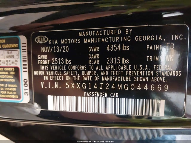 Aukcja sprzedaży 2021 Kia K5 Lxs, vin: 5XXG14J24MG044669, numer aukcji: 45379849