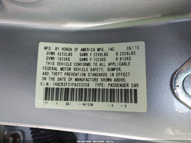 Aukcja sprzedaży 2015 Honda Accord Lx, vin: 1HGCR2F31FA203208, numer aukcji: 45379850