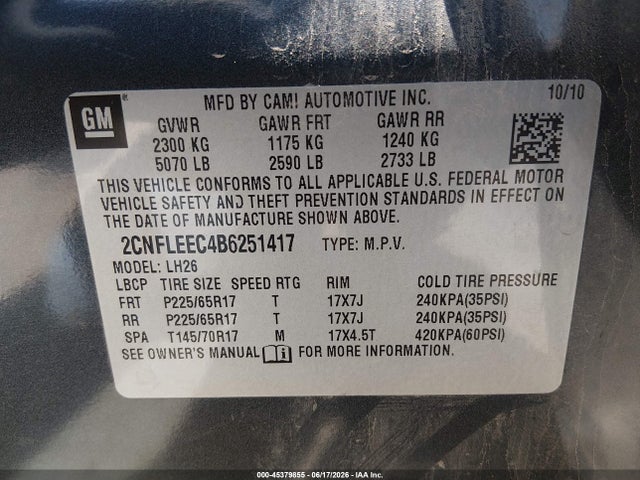 2011 Chevrolet Equinox Lt W/1lt მანქანა იყიდება აუქციონზე, vin: 2CNFLEEC4B6251417, აუქციონის ნომერი: 45379855