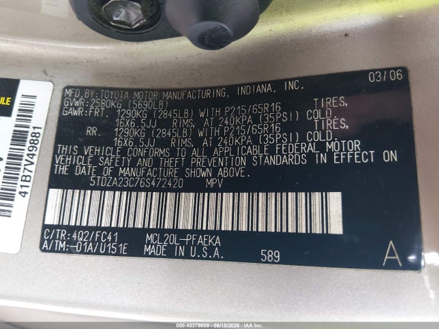 Aukcja sprzedaży 2006 Toyota Sienna Le, vin: 5TDZA23C76S472420, numer aukcji: 45379859