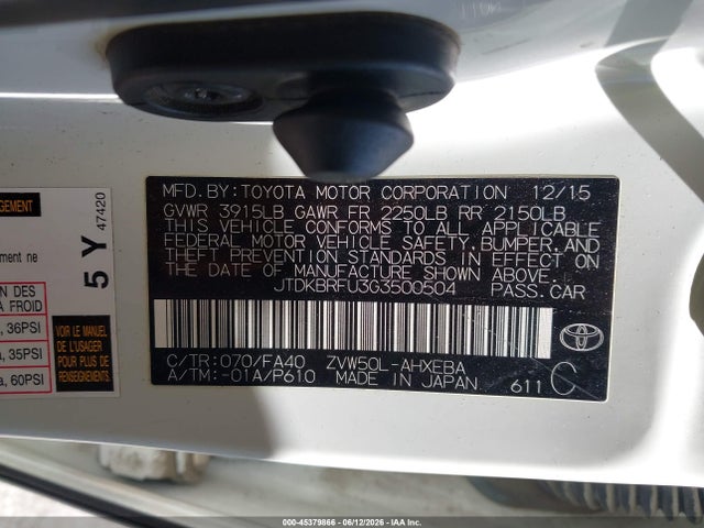 Aukcja sprzedaży 2016 Toyota Prius Two, vin: JTDKBRFU3G3500504, numer aukcji: 45379866