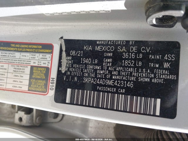 2021 Kia Rio S მანქანა იყიდება აუქციონზე, vin: 3KPA24AD9ME423146, აუქციონის ნომერი: 45379928