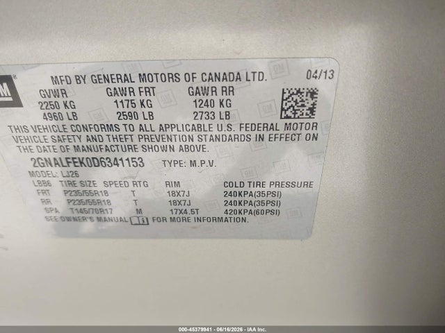 Продаж на аукціоні авто 2013 Chevrolet Equinox Ltz, vin: 2GNALFEK0D6341153, номер лоту: 45379941
