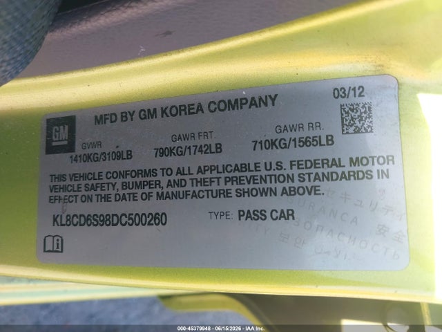 45379948 :رقم المزاد ، KL8CD6S98DC500260 vin ، 2013 Chevrolet Spark 1lt Auto مزاد بيع