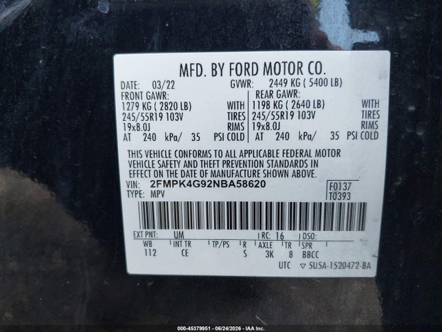 Продаж на аукціоні авто 2022 Ford Edge Se, vin: 2FMPK4G92NBA58620, номер лоту: 45379951