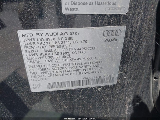 2007 Audi Q7 4.2 Premium მანქანა იყიდება აუქციონზე, vin: WA1BV74L87D083617, აუქციონის ნომერი: 45379997