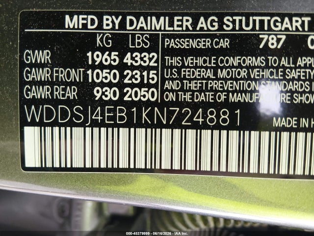 Aukcja sprzedaży 2019 Mercedes-benz Cla 250, vin: WDDSJ4EB1KN724881, numer aukcji: 45379999