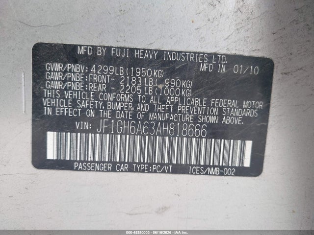 Aukcja sprzedaży 2010 Subaru Impreza 2.5i, vin: JF1GH6A63AH818666, numer aukcji: 45380003
