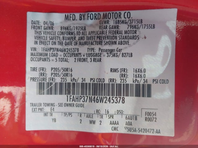 Aukcja sprzedaży 2006 Ford Focus Zx5, vin: 1FAHP37N46W245378, numer aukcji: 45380019