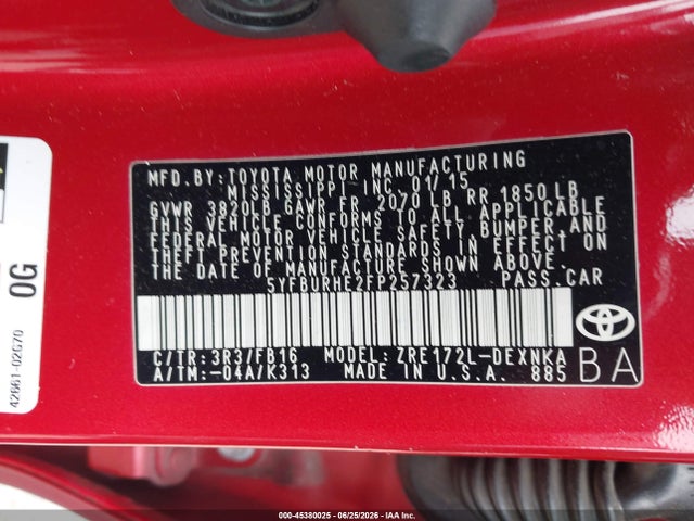 Продаж на аукціоні авто 2015 Toyota Corolla Le, vin: 5YFBURHE2FP257323, номер лоту: 45380025