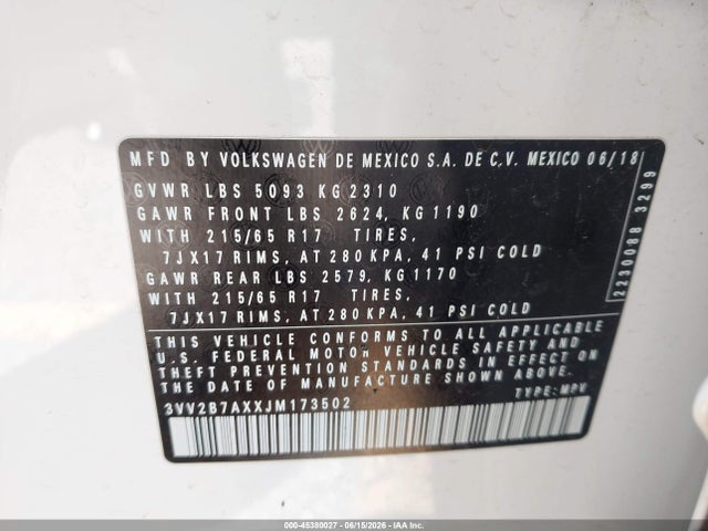 Aukcja sprzedaży 2018 Volkswagen Tiguan 2.0t Se/2.0t Sel, vin: 3VV2B7AXXJM173502, numer aukcji: 45380027