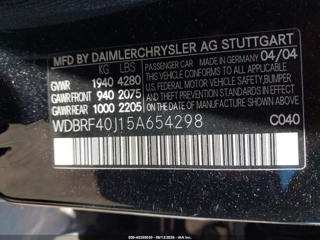 Продажа на аукционе авто 2005 Mercedes-benz C 230 Kompressor Sport, vin: WDBRF40J15A654298, номер лота: 45380030