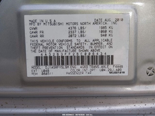Auction sale of the 2011 Mitsubishi Galant Es/se, vin: 4A32B3FF2BE006434, lot number: 45380033