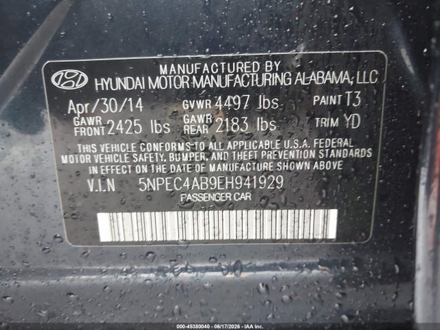 45380040 :رقم المزاد ، 5NPEC4AB9EH941929 vin ، 2014 Hyundai Sonata Limited 2.0t مزاد بيع