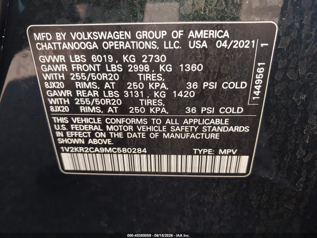 1V2KR2CA9MC580284 Volkswagen Atlas 3.6l V6 Se W/technology