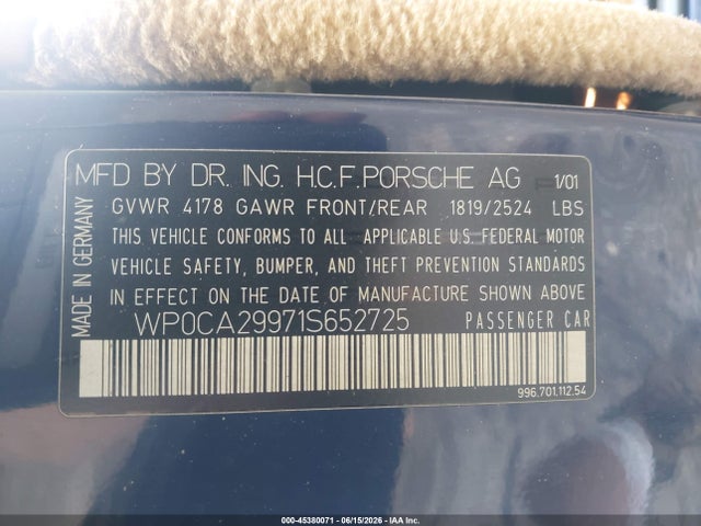 45380071 :رقم المزاد ، WP0CA29971S652725 vin ، 2001 Porsche 911 Carrera/carrera 4 مزاد بيع