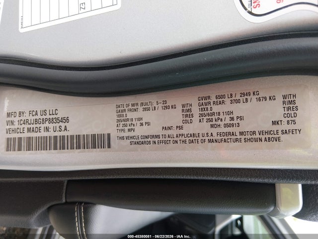 Продаж на аукціоні авто 2023 Jeep Grand Cherokee L Limited 4x2, vin: 1C4RJJBG8P8835456, номер лоту: 45380081