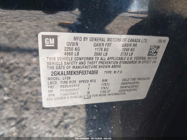 Продаж на аукціоні авто 2015 Gmc Terrain Sle-1, vin: 2GKALMEK5F6374069, номер лоту: 45380099