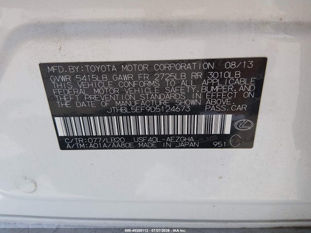 Aukcja sprzedaży 2013 Lexus Ls 460, vin: JTHBL5EF9D5124673, numer aukcji: 45380112