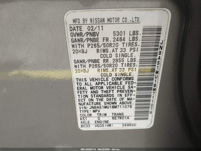 Продажа на аукционе авто 2011 Infiniti Fx35, vin: JN8AS1MU1BM711076, номер лота: 45380114