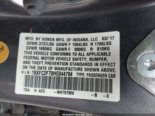 Продаж на аукціоні авто 2017 Honda Civic Ex, vin: 19XFC2F70HE044794, номер лоту: 45380147