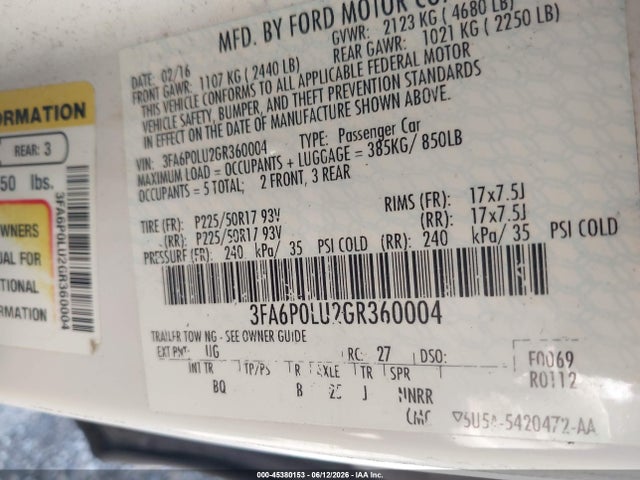 Aukcja sprzedaży 2016 Ford Fusion Hybrid Se, vin: 3FA6P0LU2GR360004, numer aukcji: 45380153