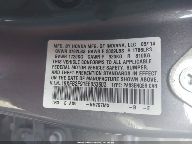 Продаж на аукціоні авто 2014 Honda Civic Ex-l, vin: 19XFB2F91EE053603, номер лоту: 45380165