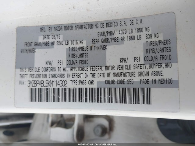 Aukcja sprzedaży 2019 Mazda Mazda3, vin: 3MZBPABL5KM114302, numer aukcji: 45380169