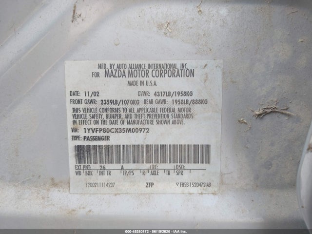 45380172 :رقم المزاد ، 1YVFP80CX35M00972 vin ، 2003 Mazda Mazda6 I مزاد بيع