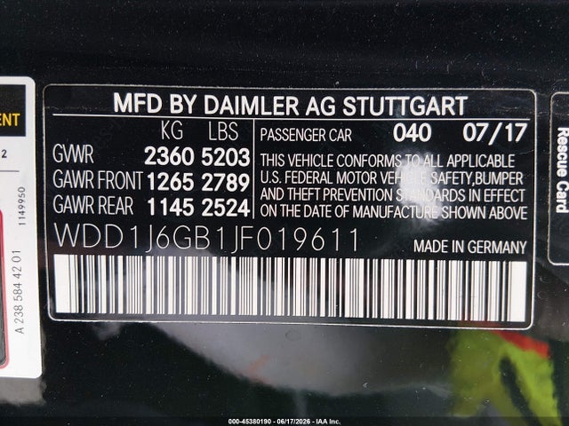 Aukcja sprzedaży 2018 Mercedes-benz E 400 4matic, vin: WDD1J6GB1JF019611, numer aukcji: 45380190