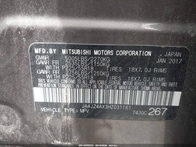 Aukcja sprzedaży 2017 Mitsubishi Outlander Gt, vin: JA4JZ4AX3HZ031161, numer aukcji: 45380223