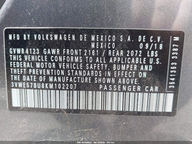 2019 Volkswagen Jetta 1.4t Sel მანქანა იყიდება აუქციონზე, vin: 3VWE57BU8KM102207, აუქციონის ნომერი: 45380222