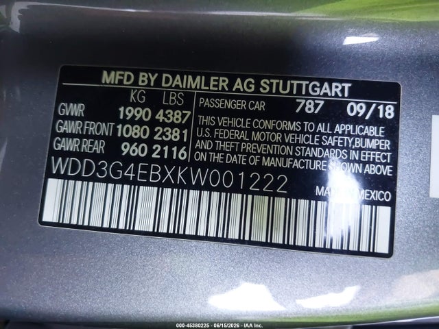 WDD3G4EBXKW001222 Mercedes-Benz A 220