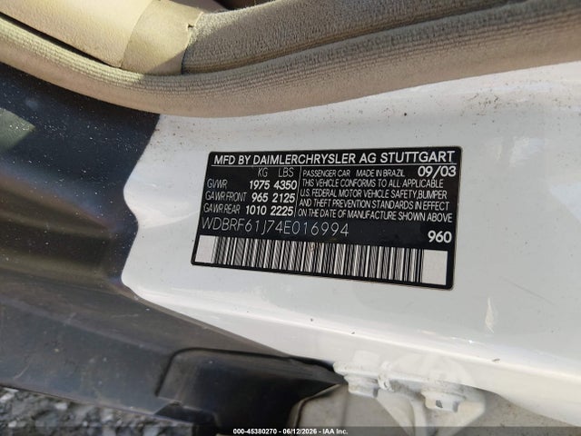 2004 Mercedes-benz C 240 მანქანა იყიდება აუქციონზე, vin: WDBRF61J74E016994, აუქციონის ნომერი: 45380270