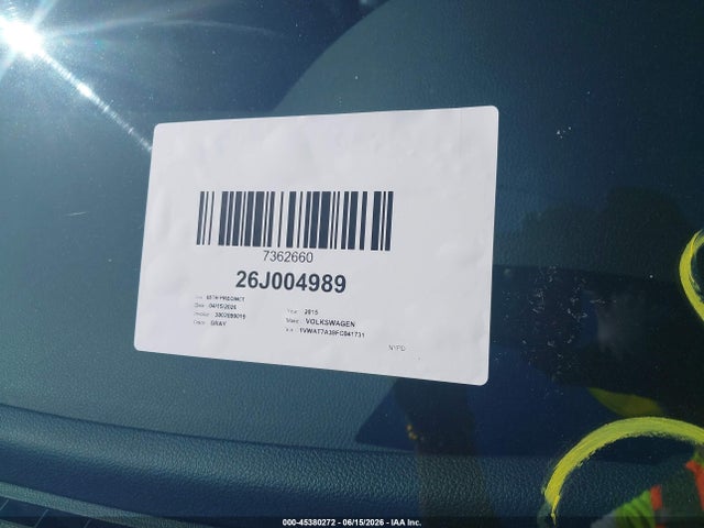 2015 Volkswagen Passat 1.8t S მანქანა იყიდება აუქციონზე, vin: 1VWAT7A39FC041731, აუქციონის ნომერი: 45380272