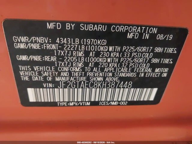 2019 Subaru Crosstrek 2.0i Premium მანქანა იყიდება აუქციონზე, vin: JF2GTAEC8KH387448, აუქციონის ნომერი: 45380282