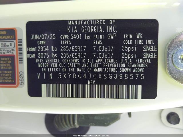 Продаж на аукціоні авто 2025 Kia Sorento Lx, vin: 5XYRG4JCXSG398575, номер лоту: 45380311