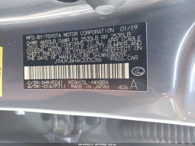 Aukcja sprzedaży 2019 Lexus Ux 250h, vin: JTHU9JBH4K2005286, numer aukcji: 45380315