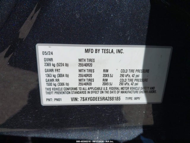 45380316 :رقم المزاد ، 7SAYGDEE5RA288185 vin ، 2024 Tesla Model Y Long Range Dual Motor All-wheel Drive مزاد بيع