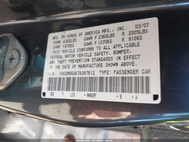 Продаж на аукціоні авто 2007 Honda Accord 3.0 Se, vin: 1HGCM66467A067612, номер лоту: 45380317