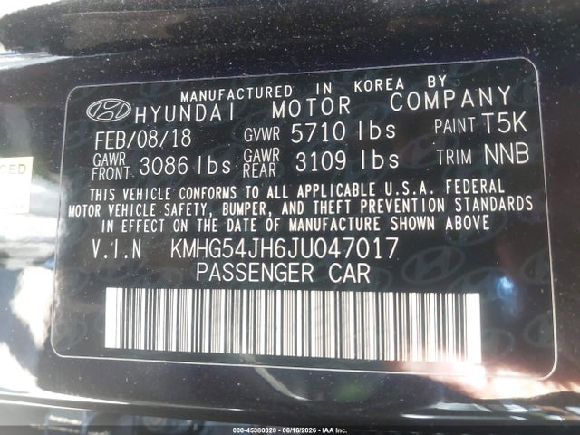 45380320 :رقم المزاد ، KMHG54JH6JU047017 vin ، 2018 Genesis G90 5.0 Ultimate مزاد بيع