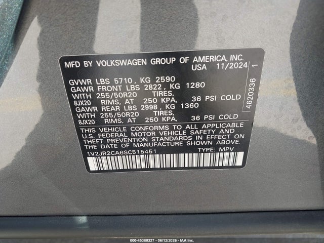 Продаж на аукціоні авто 2025 Volkswagen Atlas 2.0t Se W/technology, vin: 1V2JR2CA6SC515451, номер лоту: 45380327