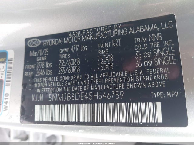 2025 Hyundai Tucson Sel მანქანა იყიდება აუქციონზე, vin: 5NMJB3DE4SH546759, აუქციონის ნომერი: 45380331