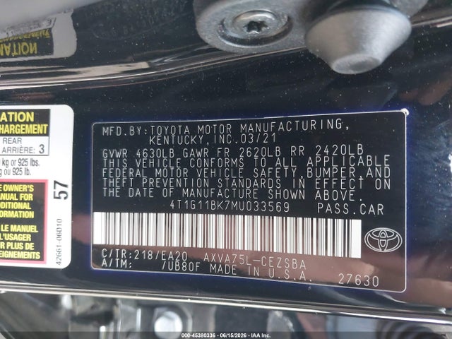 Aukcja sprzedaży 2021 Toyota Camry Se Awd, vin: 4T1G11BK7MU033569, numer aukcji: 45380336